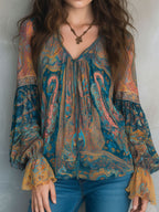 Sara™ | Bohemian Teal & Amber Paisley Chiffon Blouse With Ruffled Cuffs