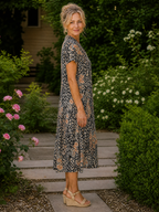 Earling | Floral Collared Short Sleeve Midi Dress