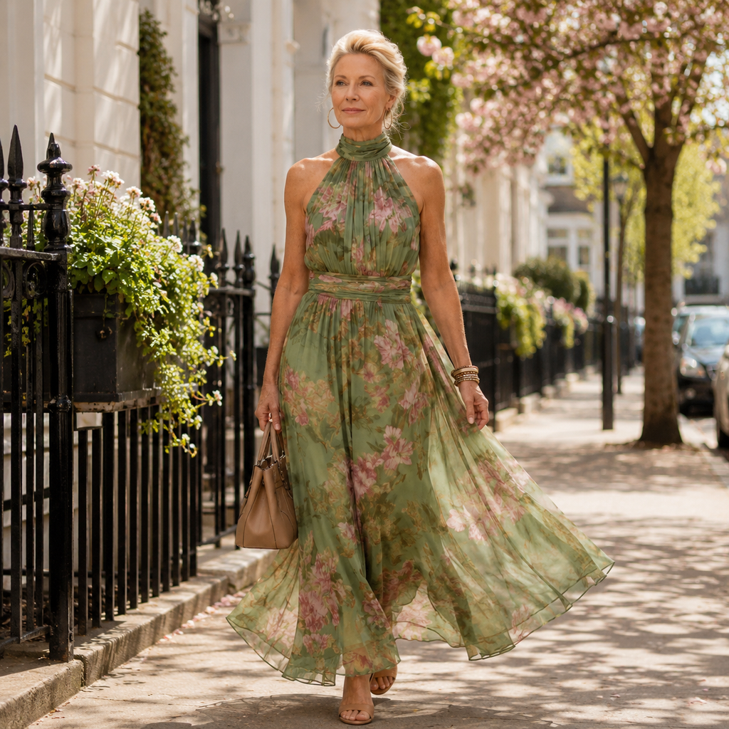 Naomi | Midi Floral Summer Dress with Halter Neck