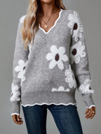 Thea | Grey Floral V-neck Jumper