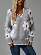 Thea | Grey Floral V-neck Jumper