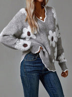Thea | Grey Floral V-neck Jumper