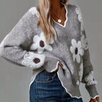 Thea | Grey Floral V-neck Jumper