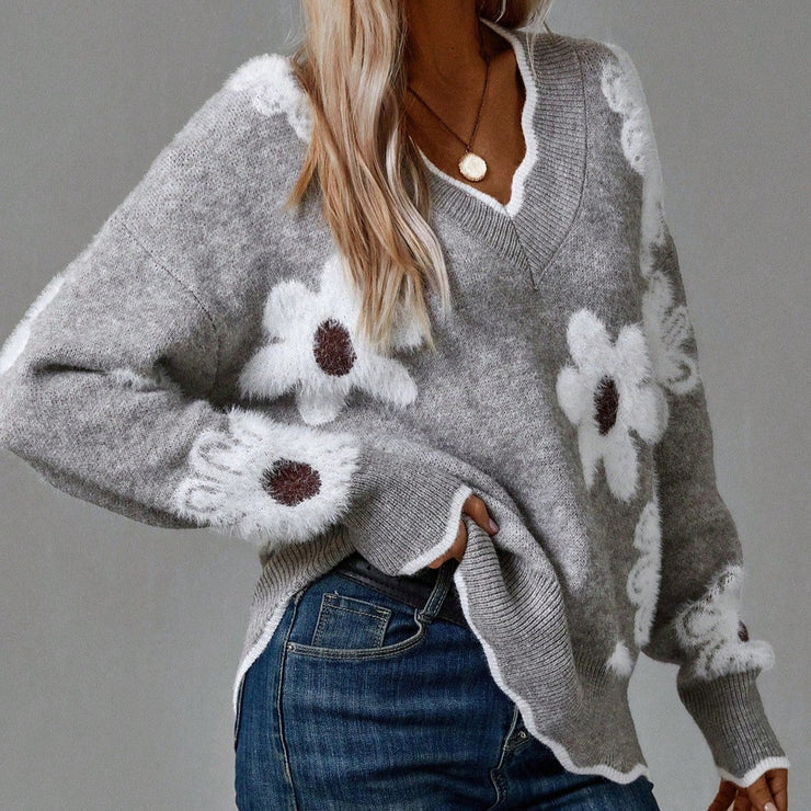 Thea | Grey Floral V-neck Jumper