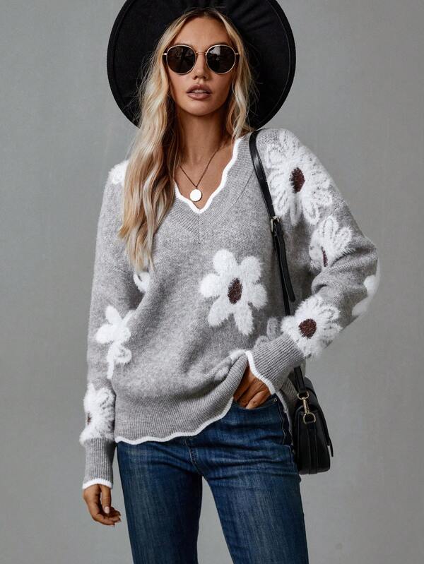 Thea | Grey Floral V-neck Jumper