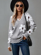 Thea | Grey Floral V-neck Jumper