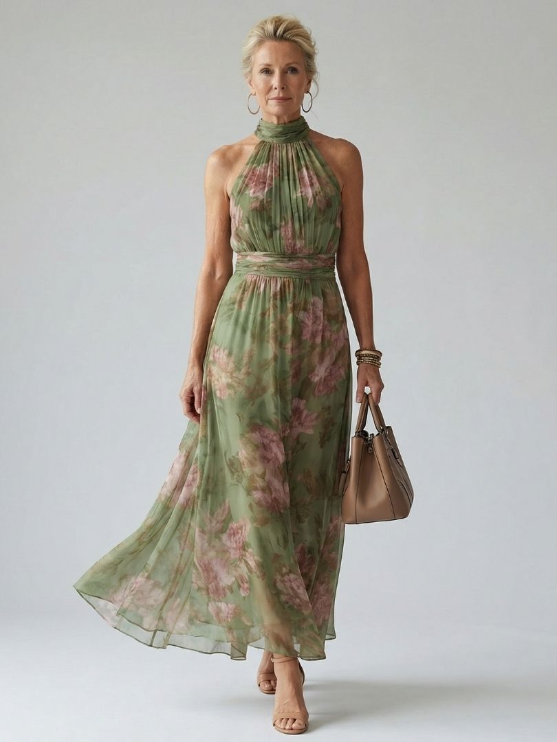 Naomi | Midi Floral Summer Dress with Halter Neck