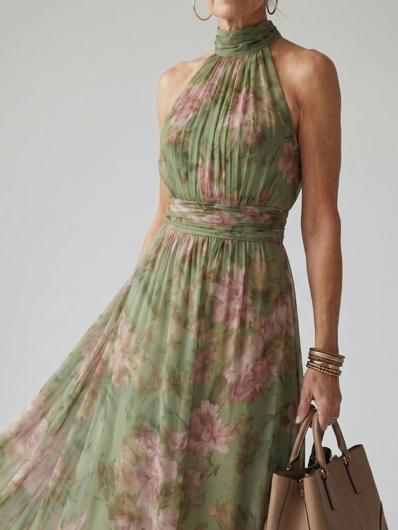 Naomi | Midi Floral Summer Dress with Halter Neck