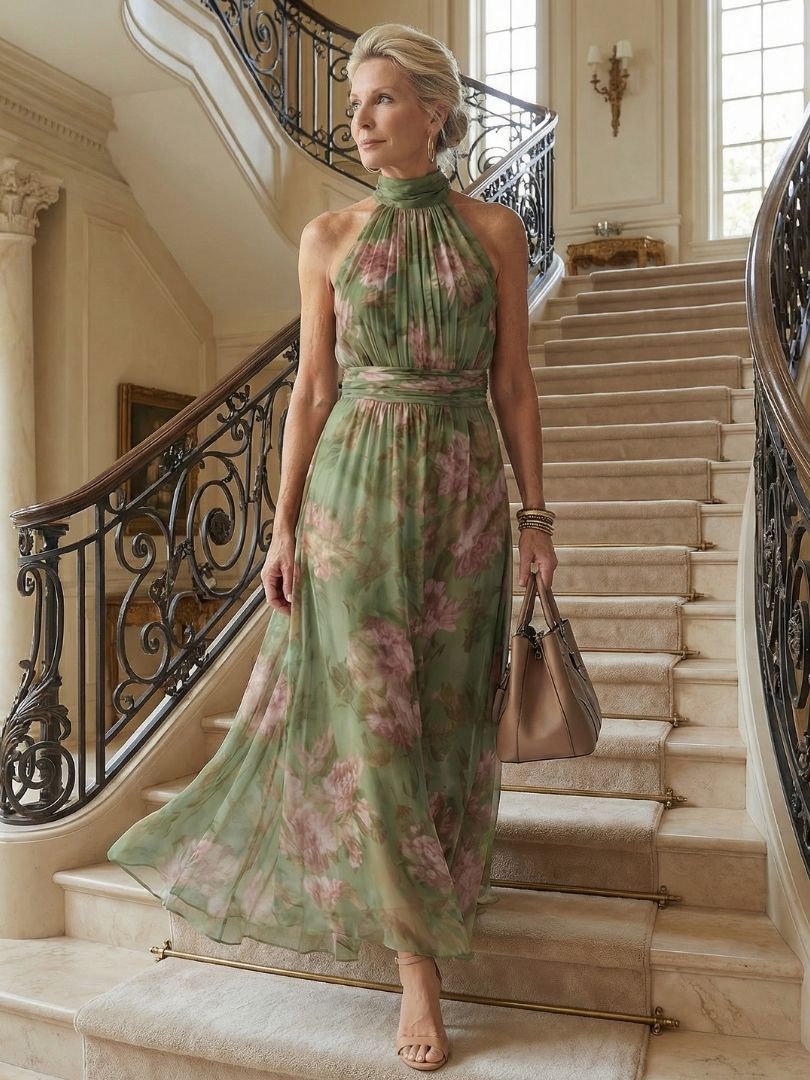 Naomi | Midi Floral Summer Dress with Halter Neck
