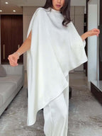 Iris Satin High Neck Cape Sleeve Irregular Hem Top and Elastic Waist Wide-Leg Pants Set