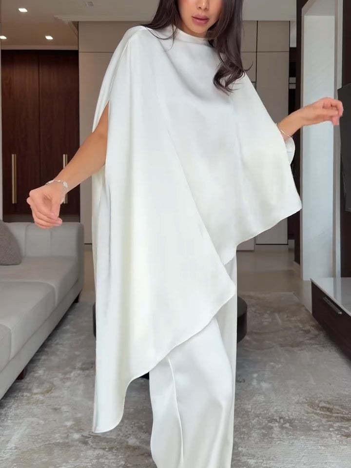 Iris Satin High Neck Cape Sleeve Irregular Hem Top and Elastic Waist Wide-Leg Pants Set