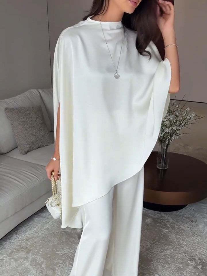 Iris Satin High Neck Cape Sleeve Irregular Hem Top and Elastic Waist Wide-Leg Pants Set