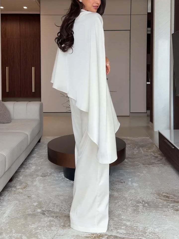 Iris Satin High Neck Cape Sleeve Irregular Hem Top and Elastic Waist Wide-Leg Pants Set
