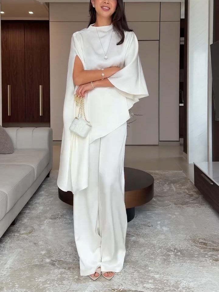 Iris Satin High Neck Cape Sleeve Irregular Hem Top and Elastic Waist Wide-Leg Pants Set