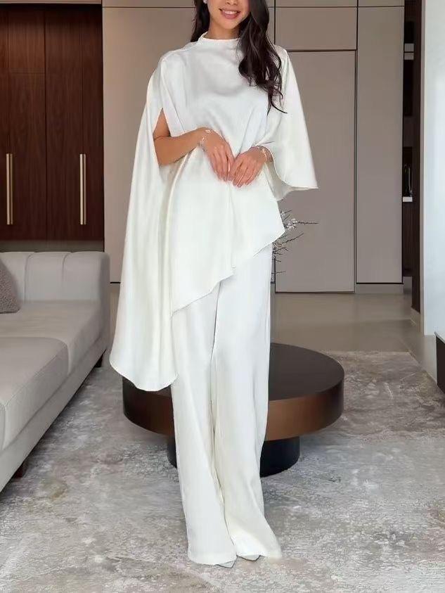 Iris Satin High Neck Cape Sleeve Irregular Hem Top and Elastic Waist Wide-Leg Pants Set