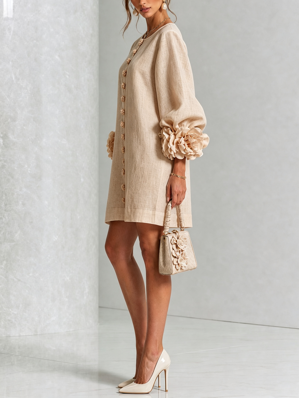 Elegant Amara Mini Dress with Floral Buttons