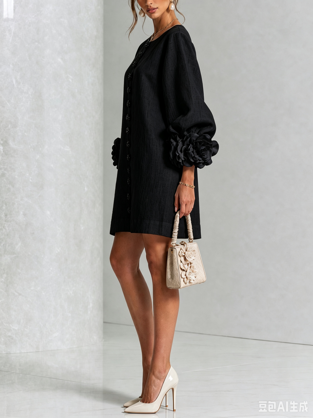 Elegant Amara Mini Dress with Floral Buttons