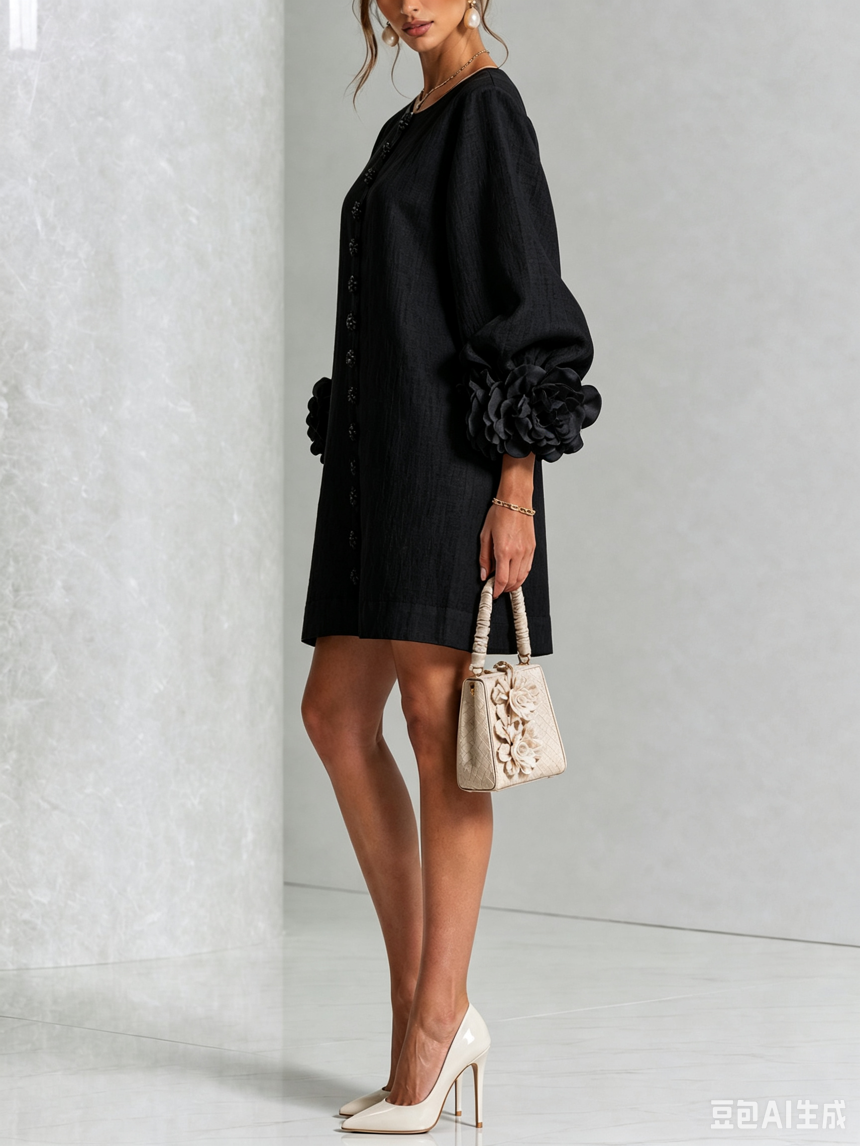 Elegant Amara Mini Dress with Floral Buttons