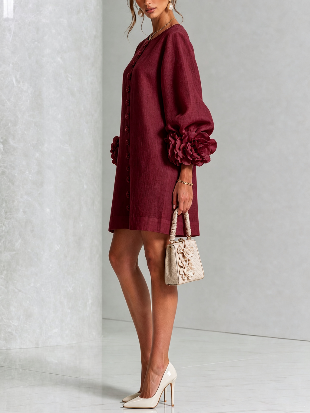 Elegant Amara Mini Dress with Floral Buttons