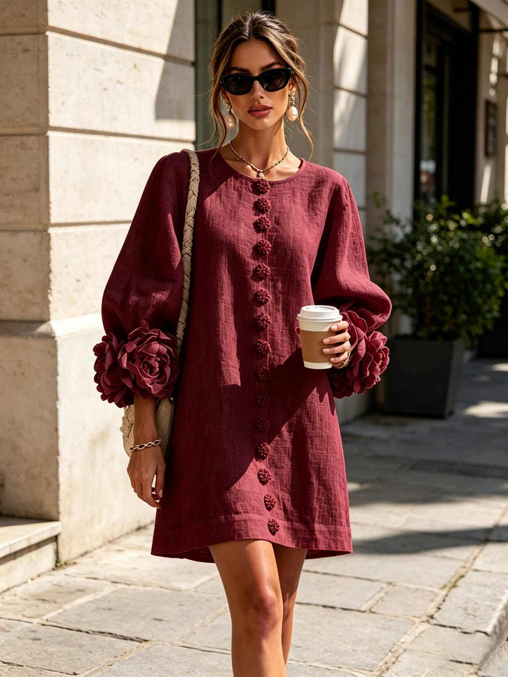 Elegant Amara Mini Dress with Floral Buttons