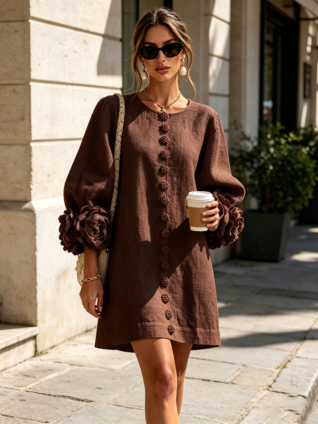 Elegant Amara Mini Dress with Floral Buttons