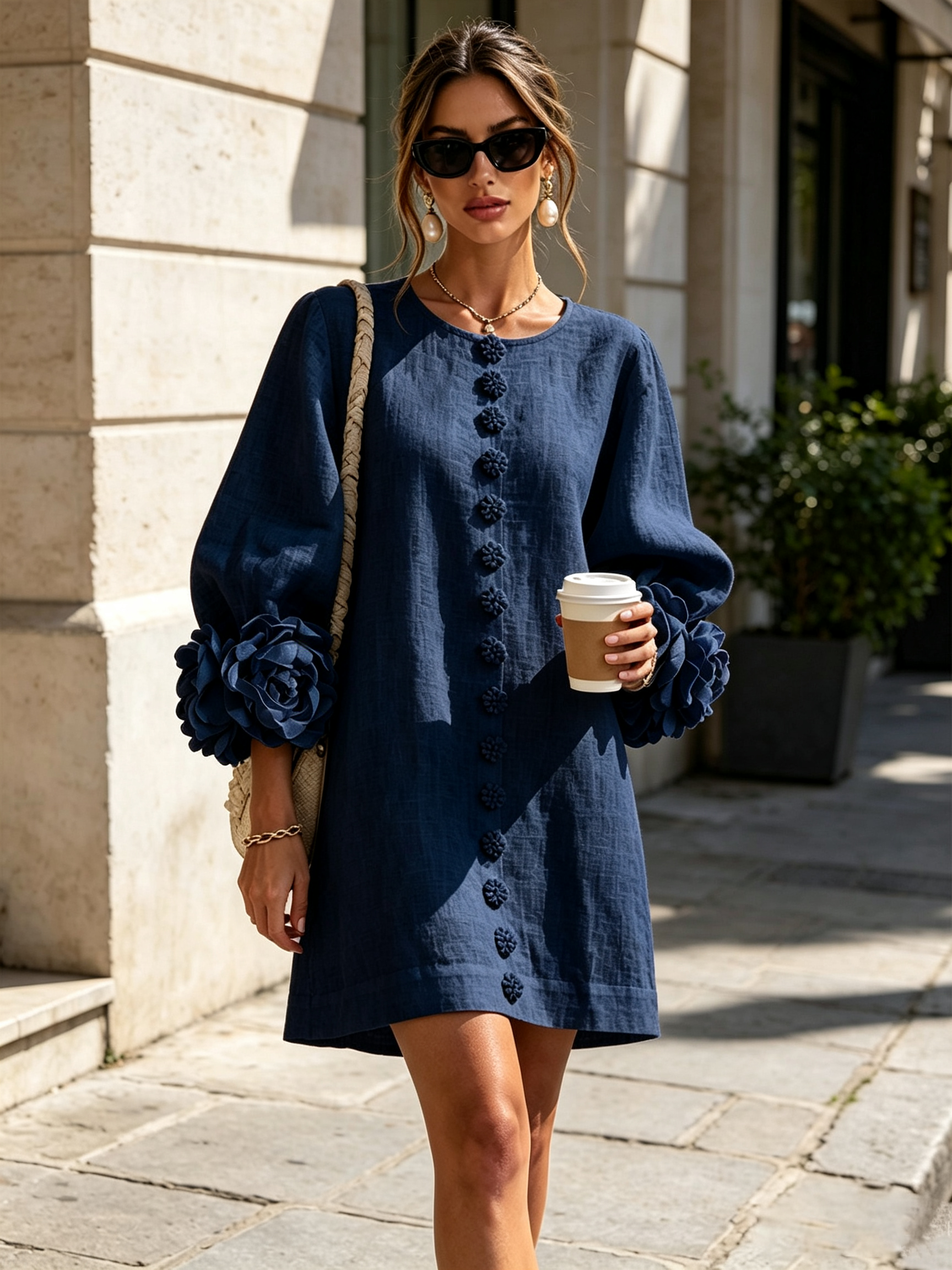 Elegant Amara Mini Dress with Floral Buttons