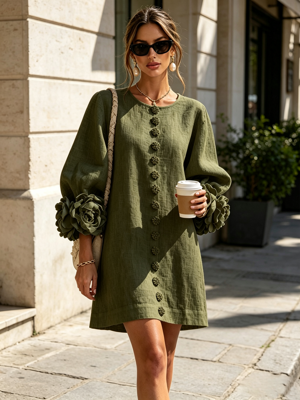 Elegant Amara Mini Dress with Floral Buttons