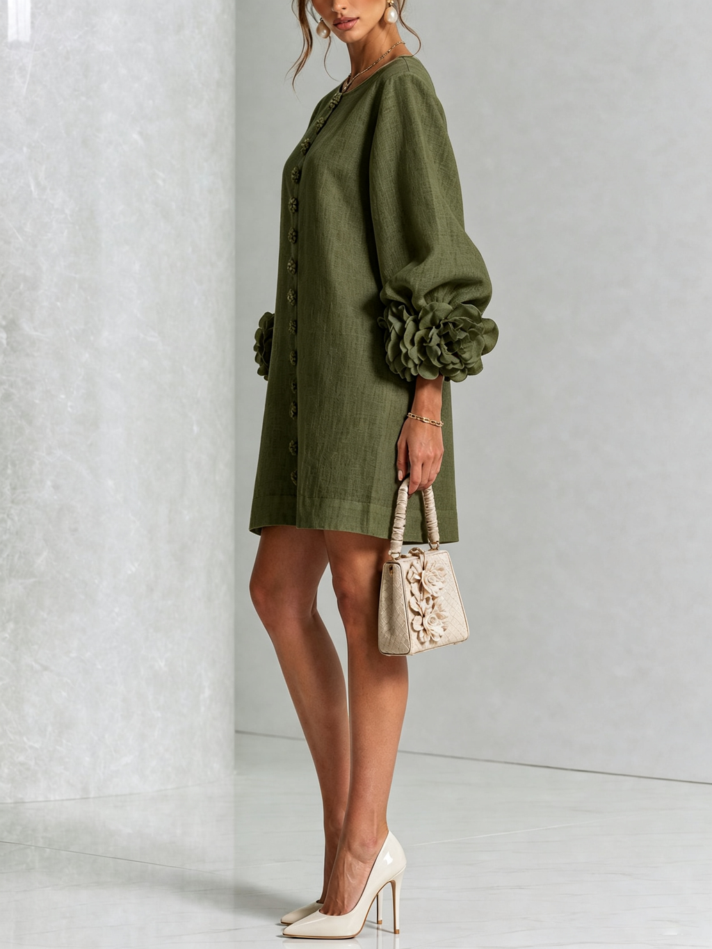 Elegant Amara Mini Dress with Floral Buttons