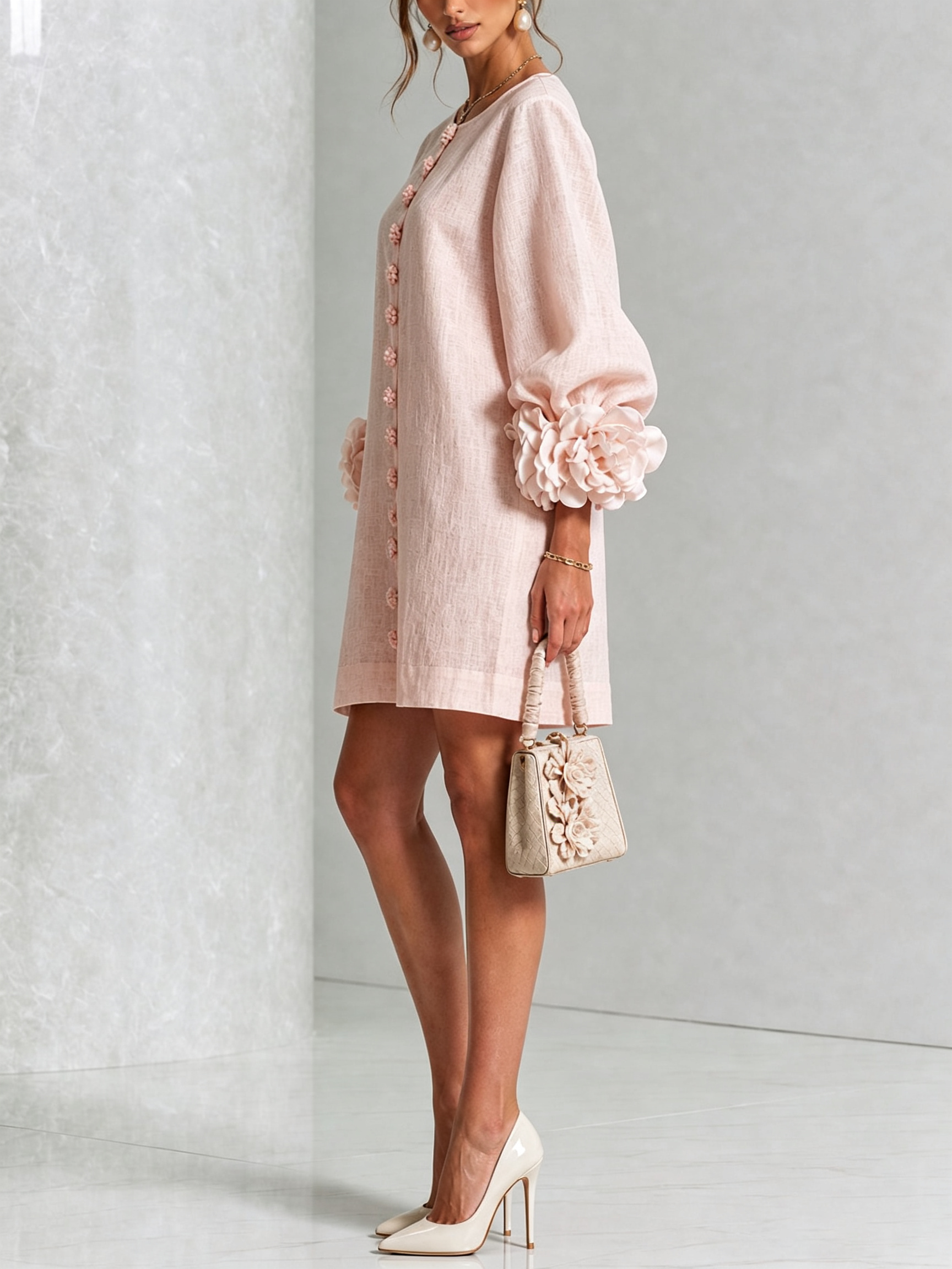 Elegant Amara Mini Dress with Floral Buttons
