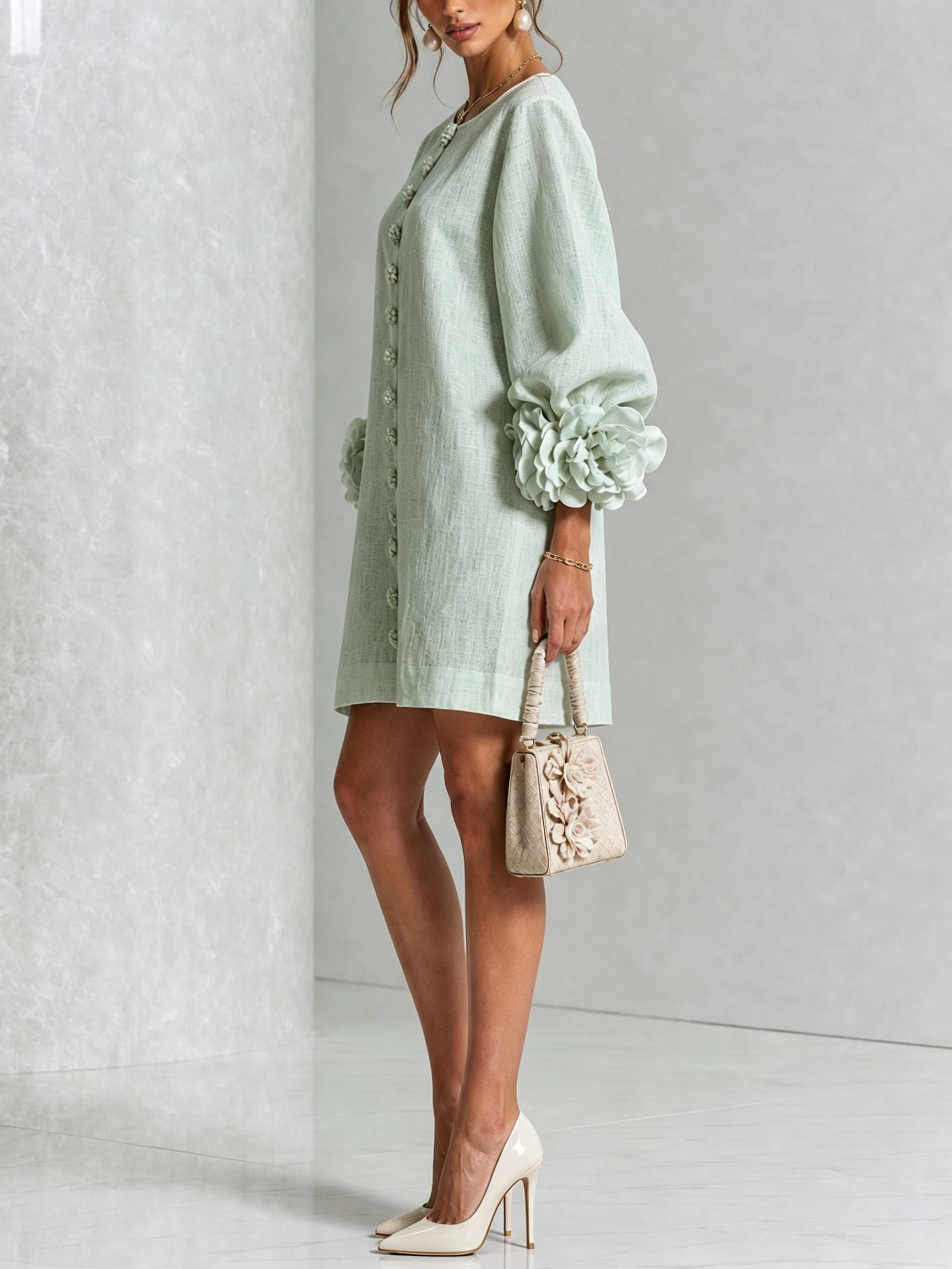 Elegant Amara Mini Dress with Floral Buttons