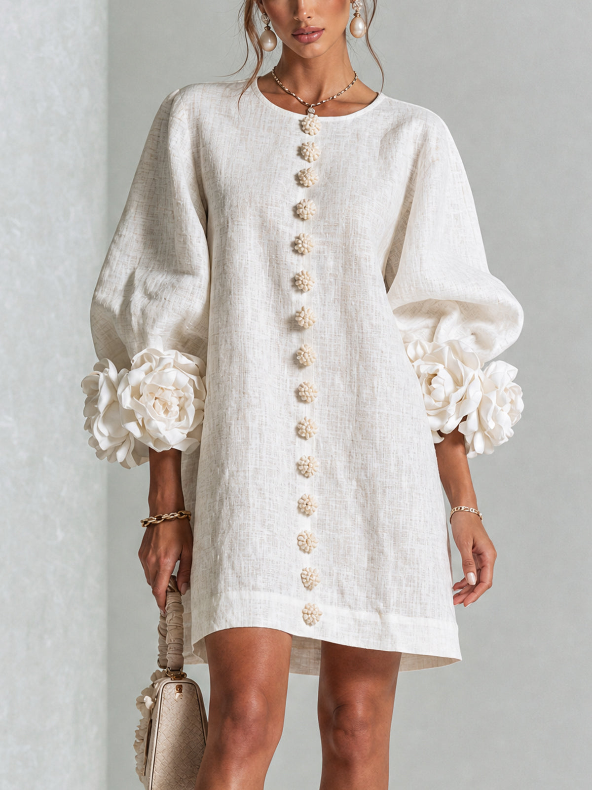 Elegant Amara Mini Dress with Floral Buttons