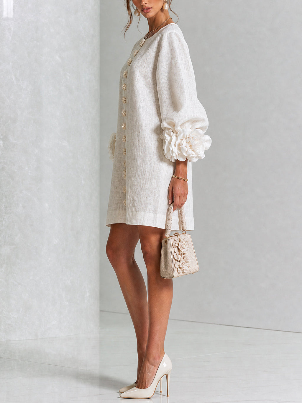 Elegant Amara Mini Dress with Floral Buttons