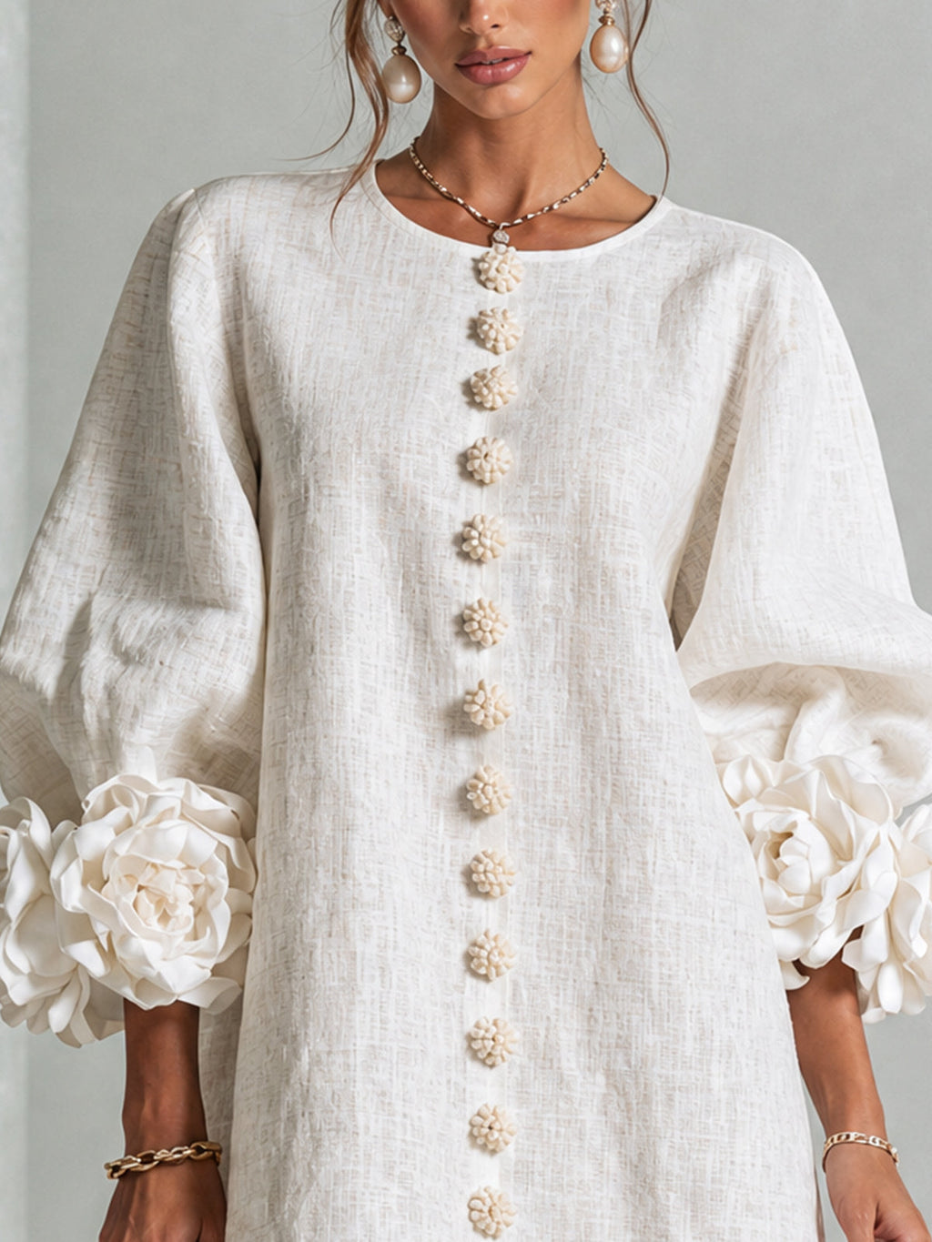 Elegant Amara Mini Dress with Floral Buttons