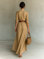 Lapel Single Breasted Long Sleeve Belted Maxi Dress