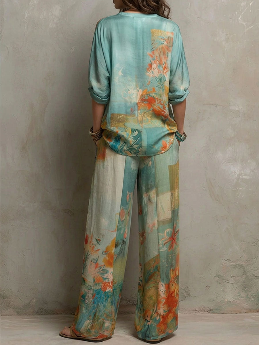 Chiara | Elegant floral-print set with wide-leg pants