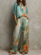Chiara | Elegant floral-print set with wide-leg pants