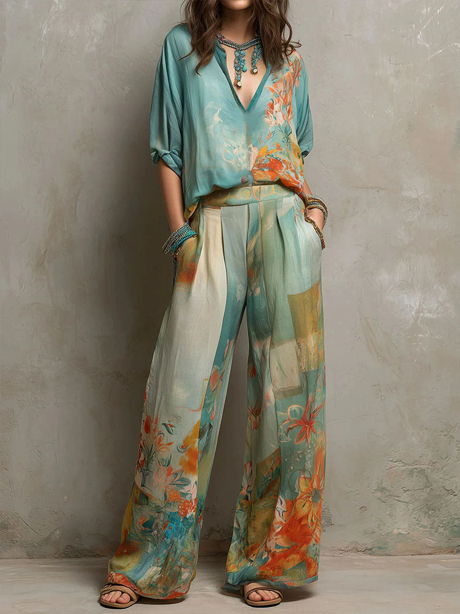 Chiara | Elegant floral-print set with wide-leg pants
