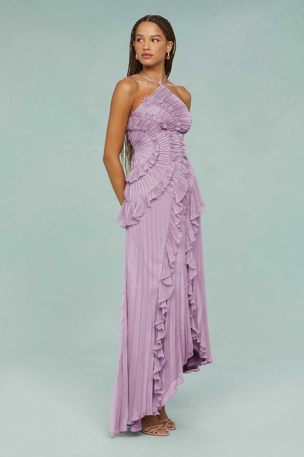 Pleated Frill Halter Midi Dress Figure-Flattering – Talia