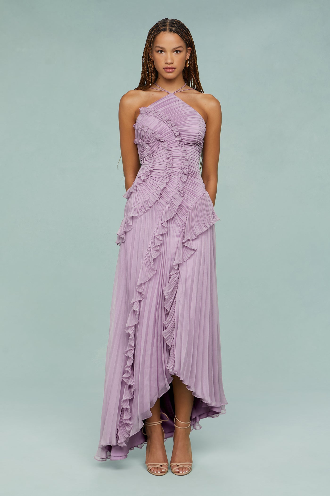 Pleated Frill Halter Midi Dress Figure-Flattering – Talia