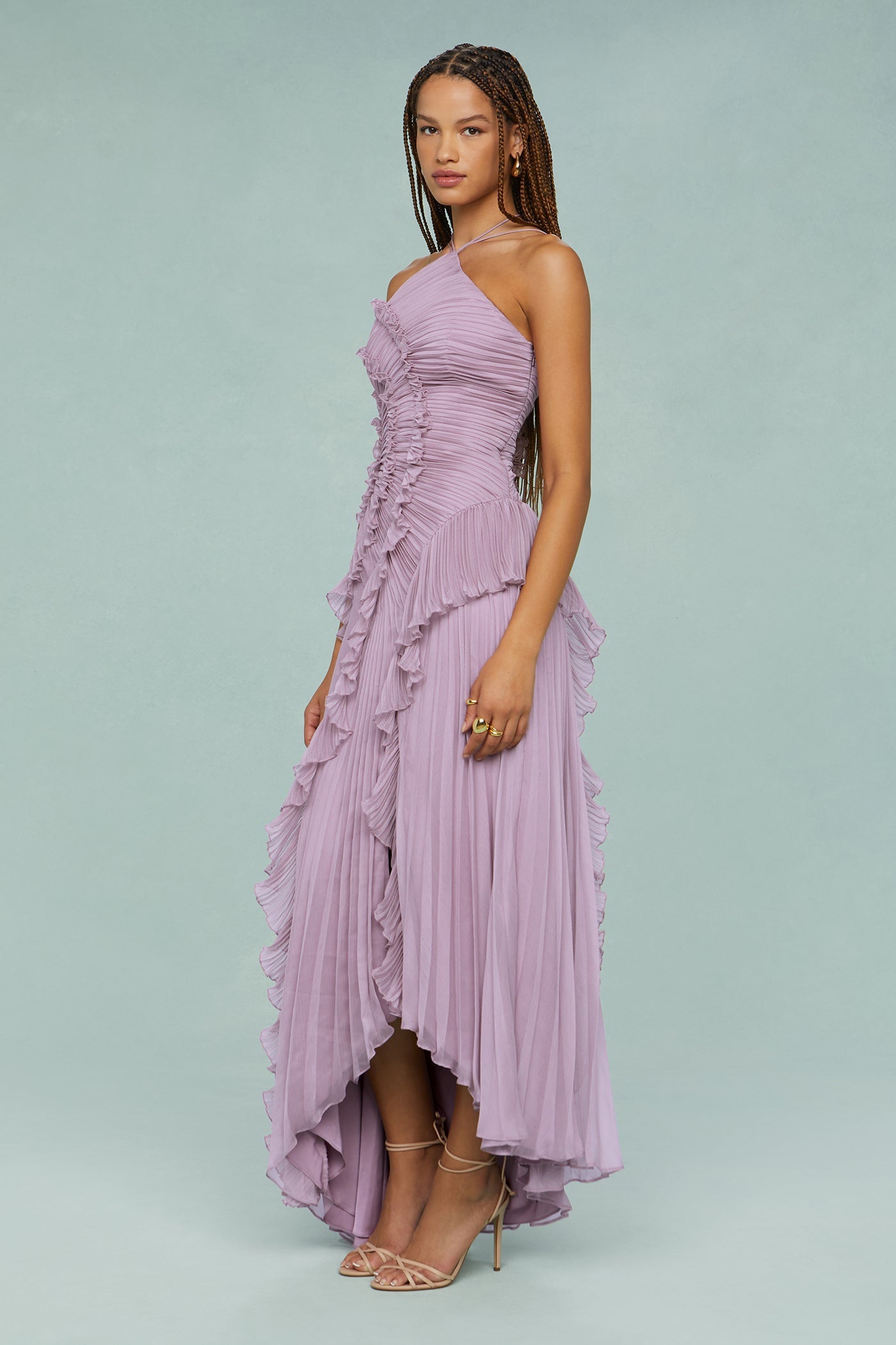 Pleated Frill Halter Midi Dress Figure-Flattering – Talia
