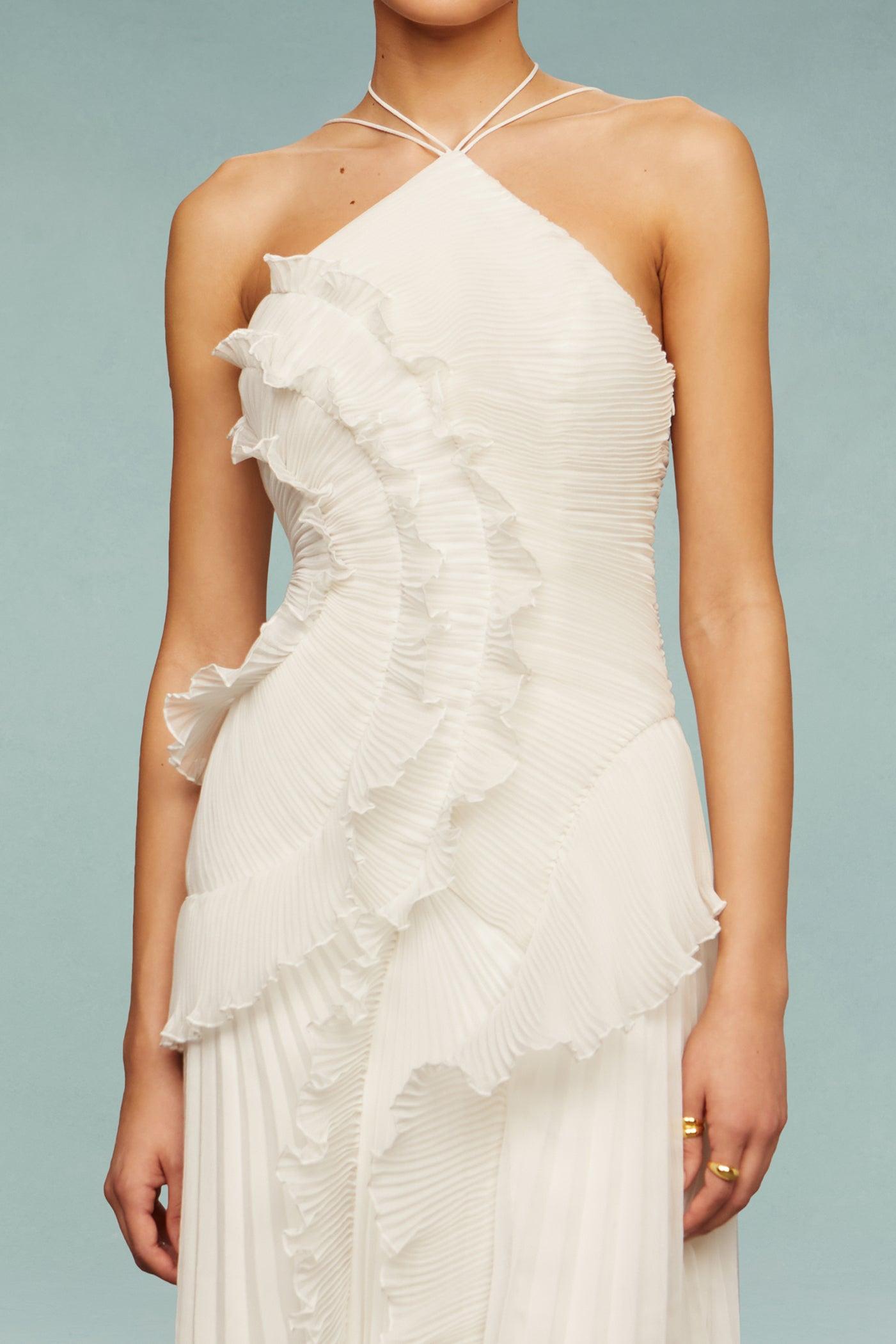 Pleated Frill Halter Midi Dress Figure-Flattering – Talia