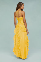 Pleated Frill Halter Midi Dress Figure-Flattering – Talia