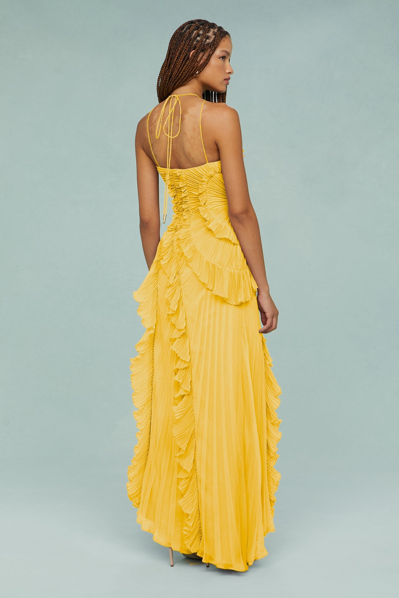 Pleated Frill Halter Midi Dress Figure-Flattering – Talia