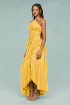 Pleated Frill Halter Midi Dress Figure-Flattering – Talia