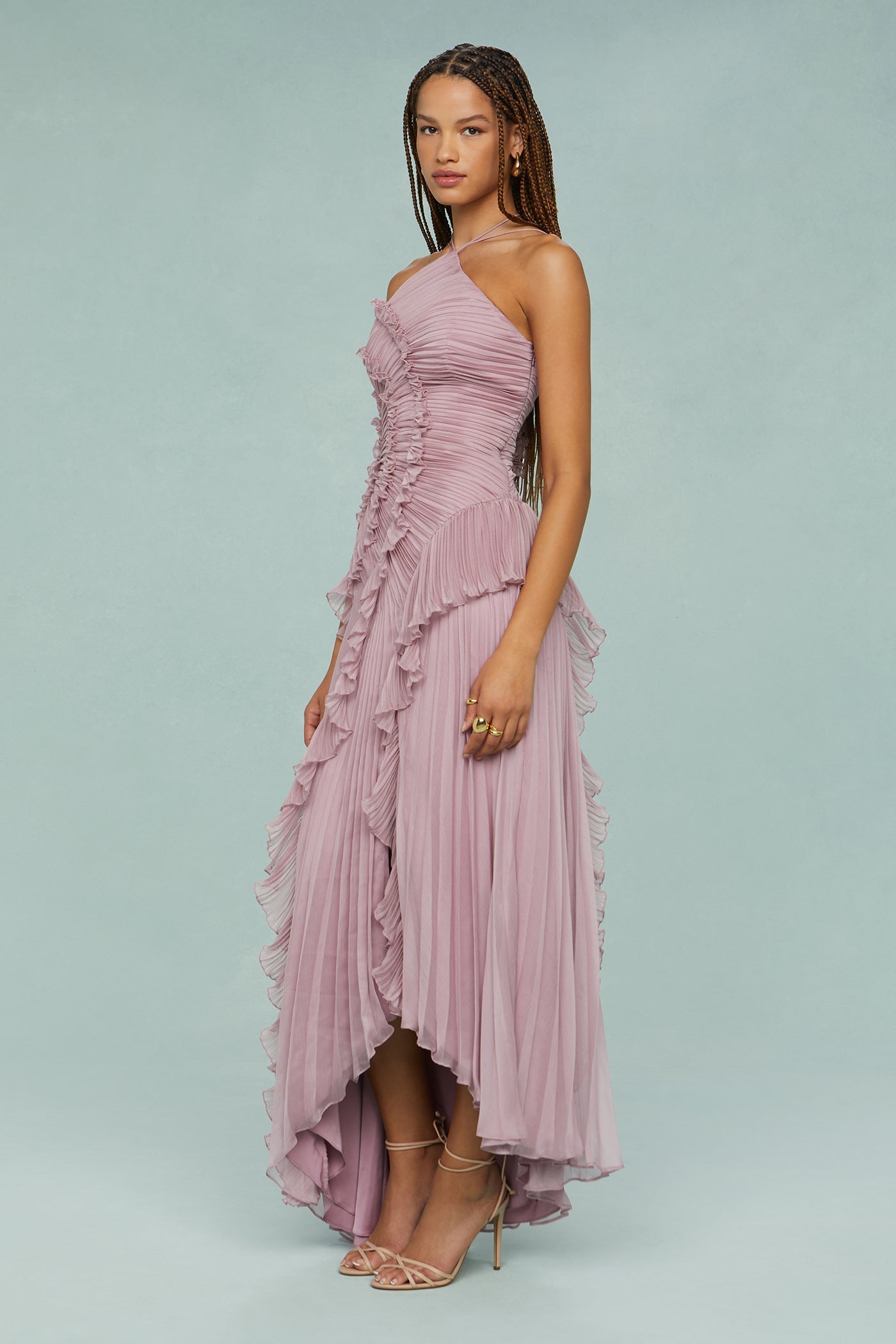 Pleated Frill Halter Midi Dress Figure-Flattering – Talia