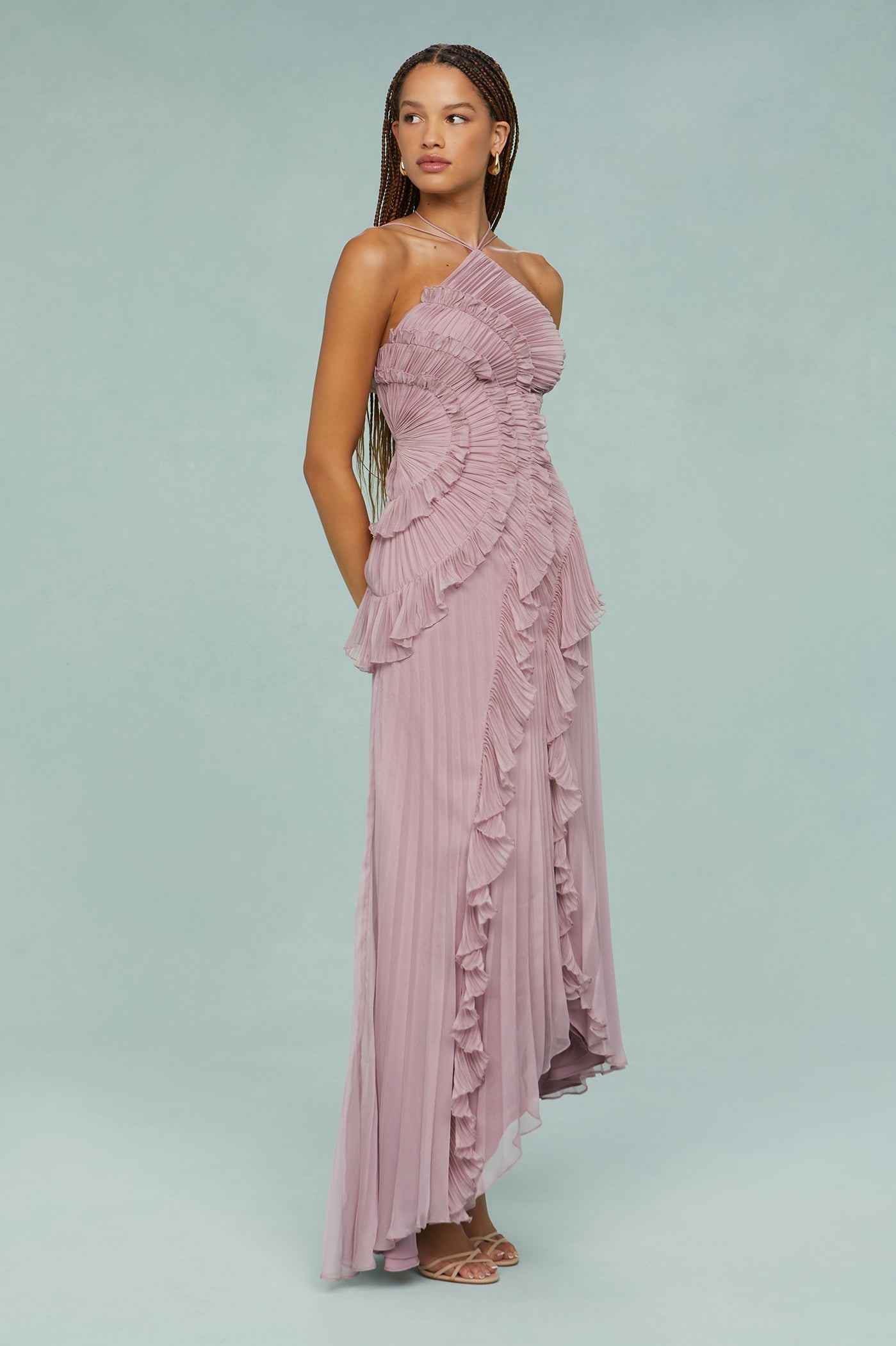 Pleated Frill Halter Midi Dress Figure-Flattering – Talia