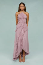 Pleated Frill Halter Midi Dress Figure-Flattering – Talia